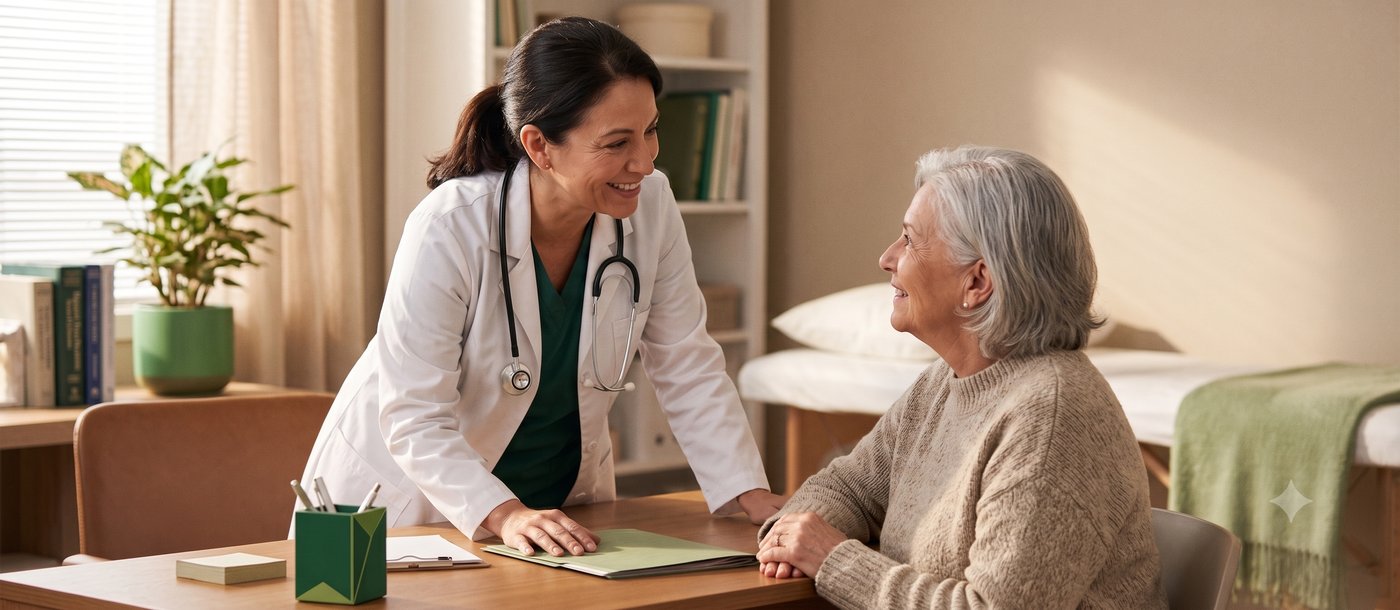 Médica conversando con una paciente durante una consulta